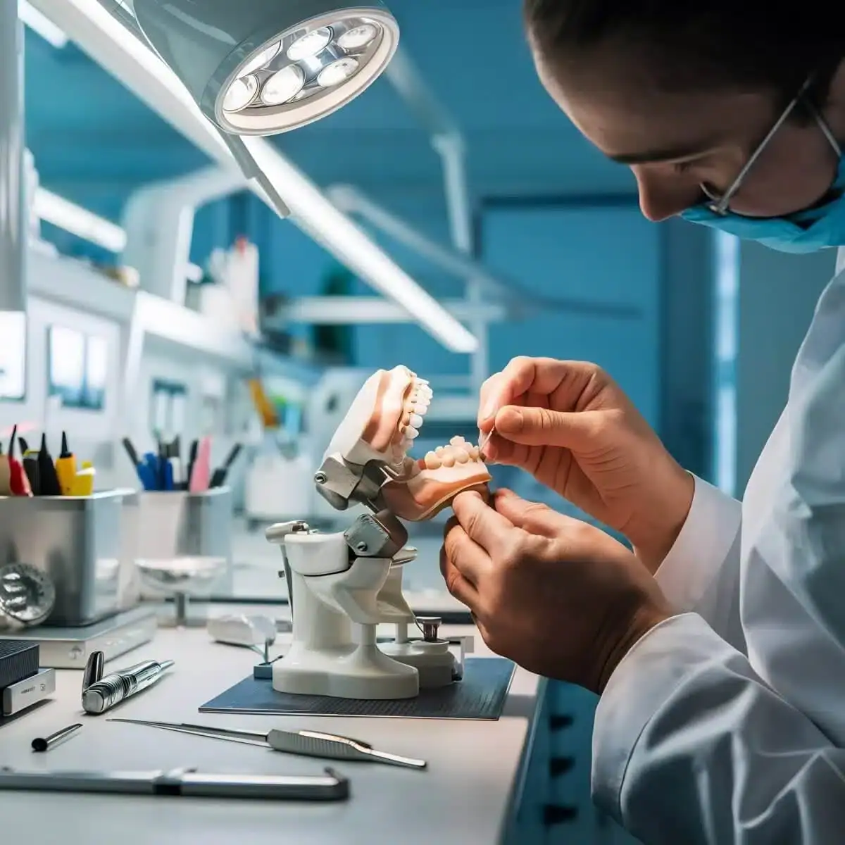 Dental technician working at the articulator in the New Smile lab