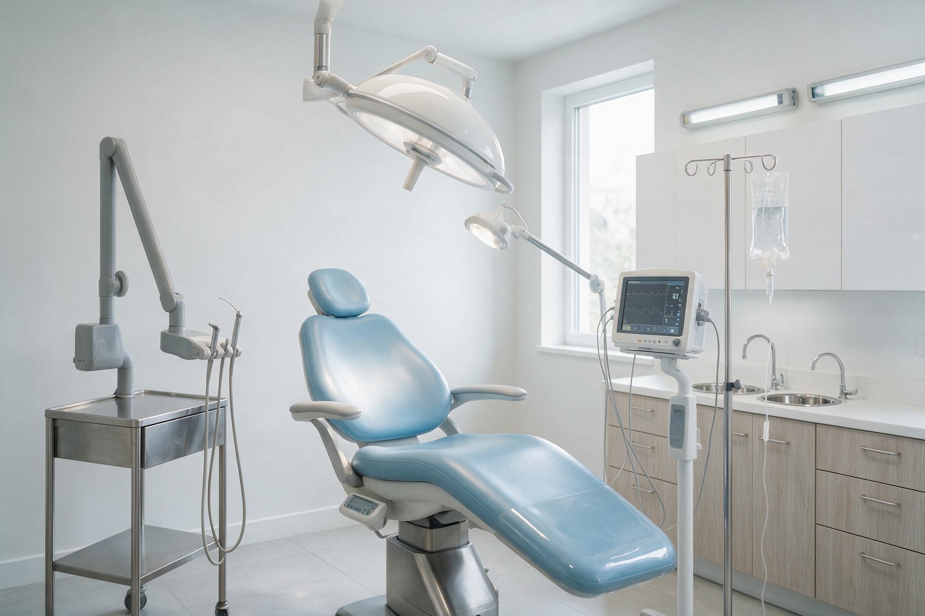 Dental operatory set up for IV sedation with a vital signs monitor and an IV line
